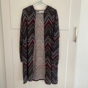 Cato Black Red Aztec Print Hooded Cardigan Duster Sweater‎ Size 18/20